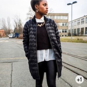 Anthropologie Numph Black Quilted Chevron Long Jacket Coat Size Large